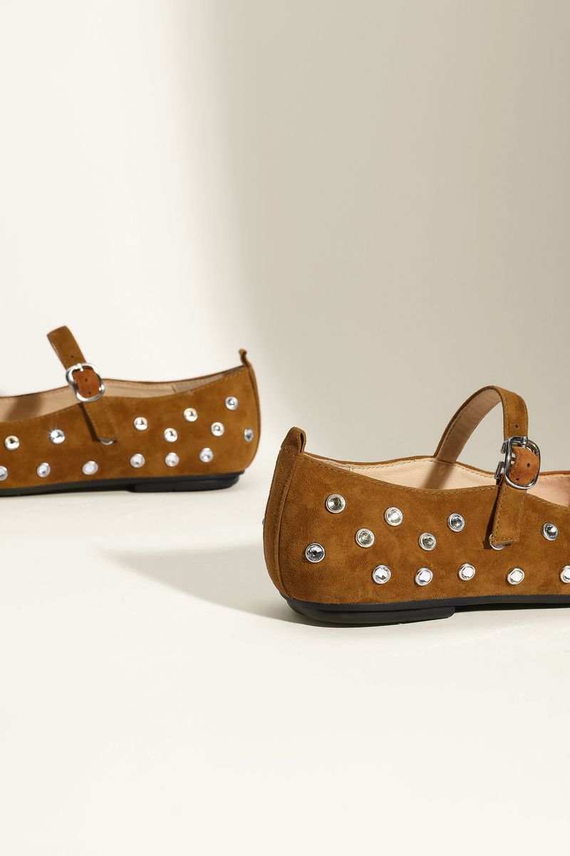 Summer Rivet Rhinestone Mary Jane Shoes Strap Flat Shoes Women's Ballet Shoes Leather Shoes_voghion.com