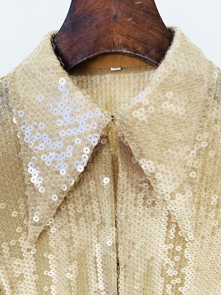 Ropa de mujer, moda estrella, mangas trompeta divididas, camisa de malla con cuentas y lentejuelas transparentes, pantalones acampanados_voghion.com