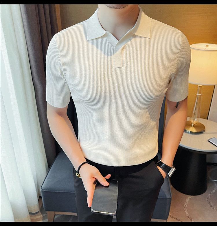 Maglione lavorato a maglia a maniche corte con scollo a V da uomo, colletto a gabbiano, stile business casual britannico, estivo, in seta ghiacciata_voghion.com