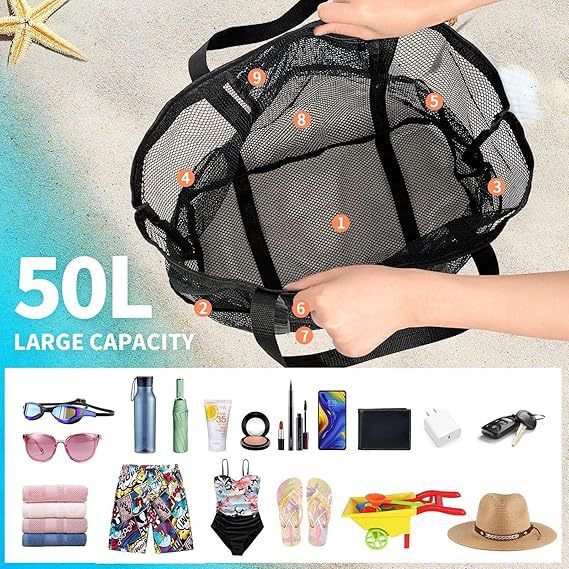 Borsa da spiaggia in rete di grandi dimensioni - Organizer da viaggio per articoli da toeletta di grandi dimensioni con manici, impermeabile e leggera (perfetta per vacanze, piscina, palestra)_voghion.com