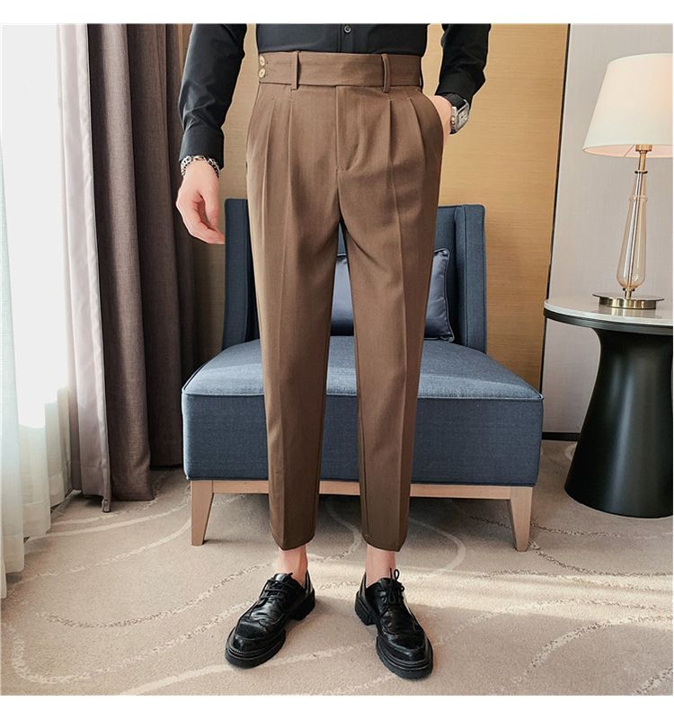 Pantaloni napoletani da uomo nuovi di zecca, in twill strutturato, con vita a pieghe, design casual a nove punte, vita media e alta_voghion.com