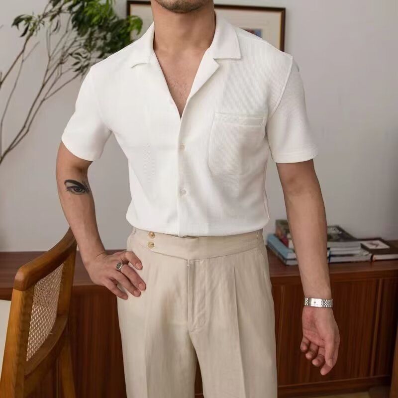 Camicia estiva a maniche corte in lino, stile da vacanza al mare, camicia traspirante in tinta unita, top retrò ampio, alla moda_voghion.com