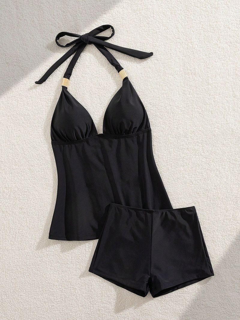Kadın Giyim Moda Düz Renk İnce Mayo Halter Boyun Askısı Tasarım Seksi Bölünmüş Kadın Mayo_voghion.com