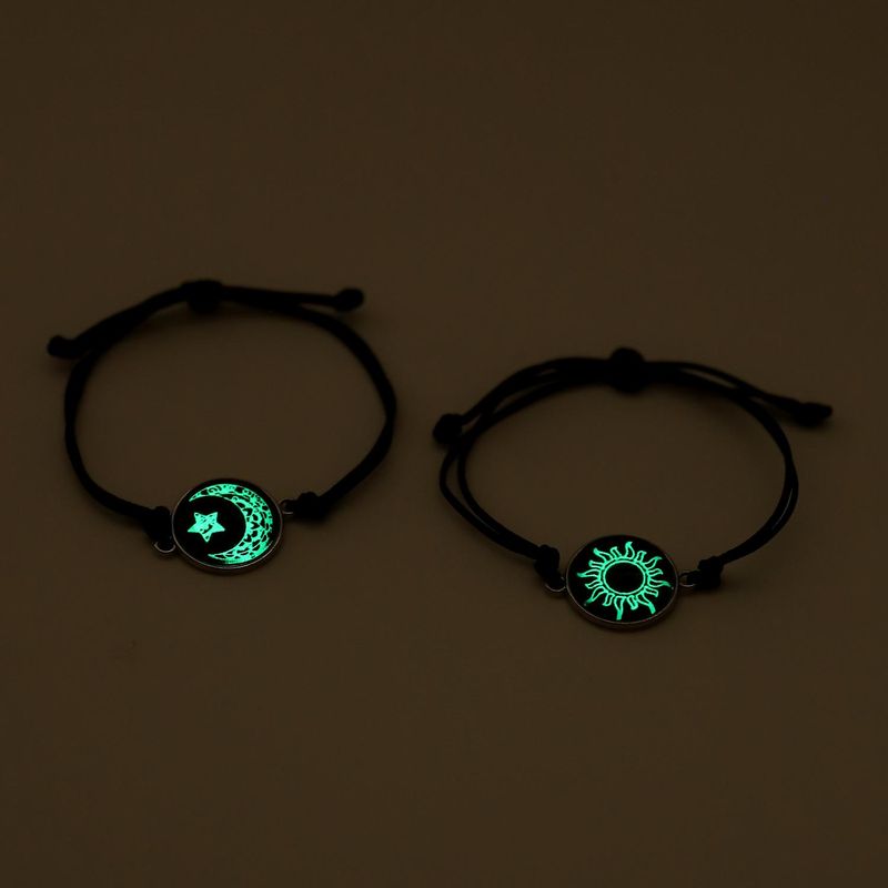 2Pcs Romantic Couple Butterfly Sun Moon Lovers Charm Adjustable Glow In The Dark Woven Bracelet_voghion.com
