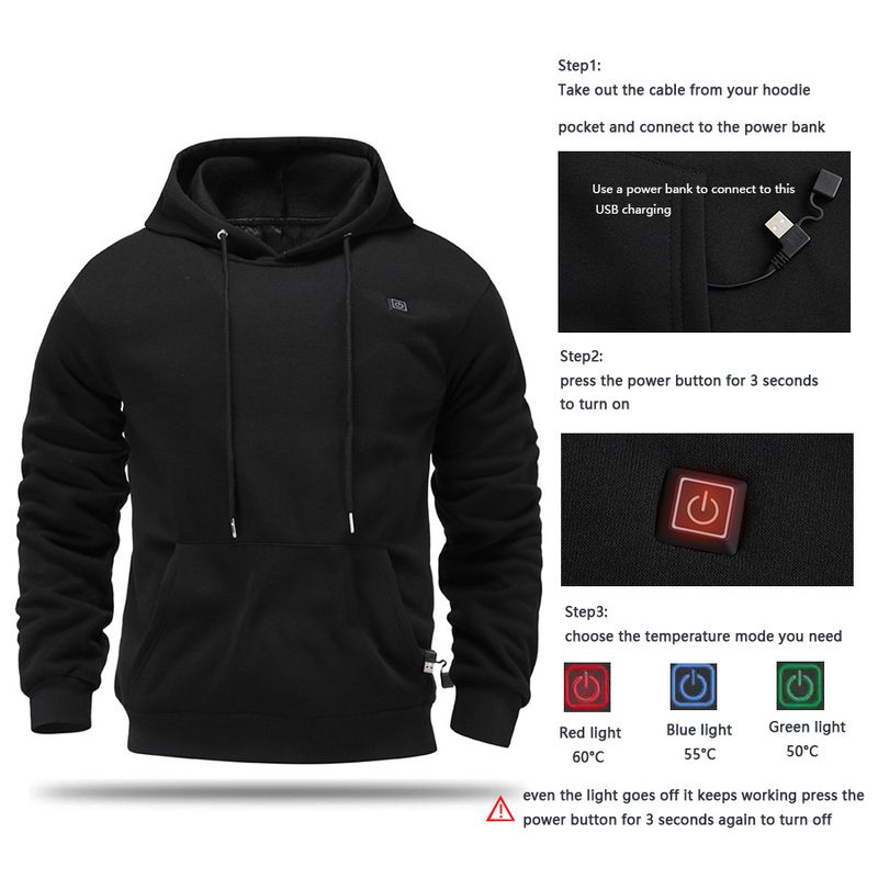 Sweat-shirt chauffant à capuche pour homme, vêtement d'hiver chauffant, vêtement chauffant USB, vêtement chaud de loisirs en plein air, chauffage électrique_voghion.com