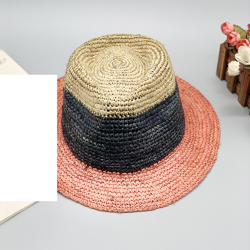 Natural raffia crochet straw hat color matching small hat casual striped Rayleigh wind short brimmed top hat_voghion.com