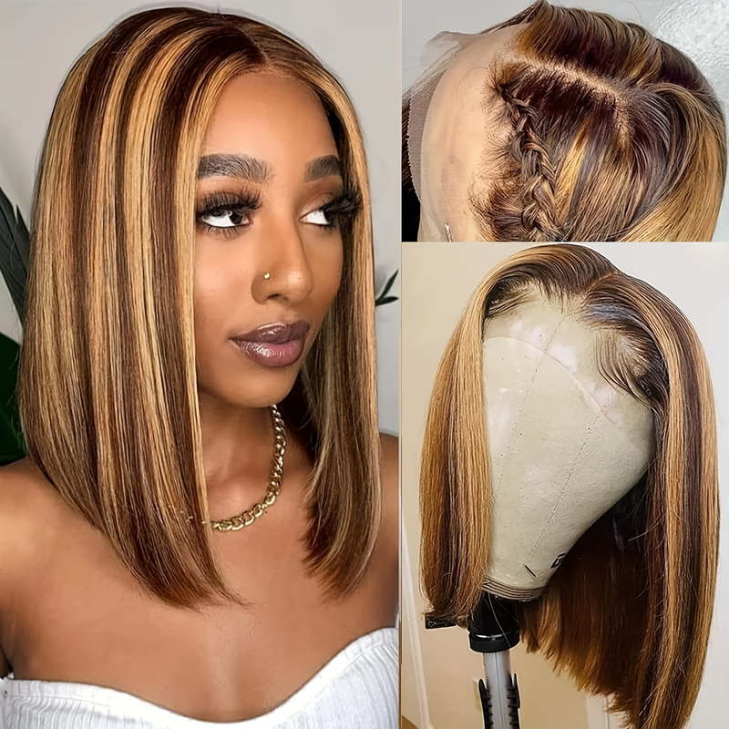 13*4 Pizzo Liscio Onda Diritta Capelli Corti P4/27 Evidenziato Colore Corrispondenza 100% Capelli Umani Linea di Capelli Naturali_voghion.com