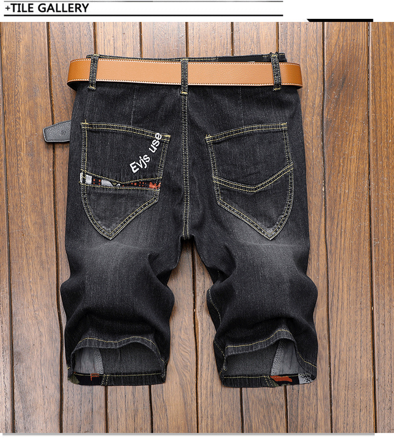 Herrenbekleidung Hipster Sommerjeans Herren Cropped Hose Bestickte Schwarze Stretch Slim Straight Mid-Length Hose_voghion.com