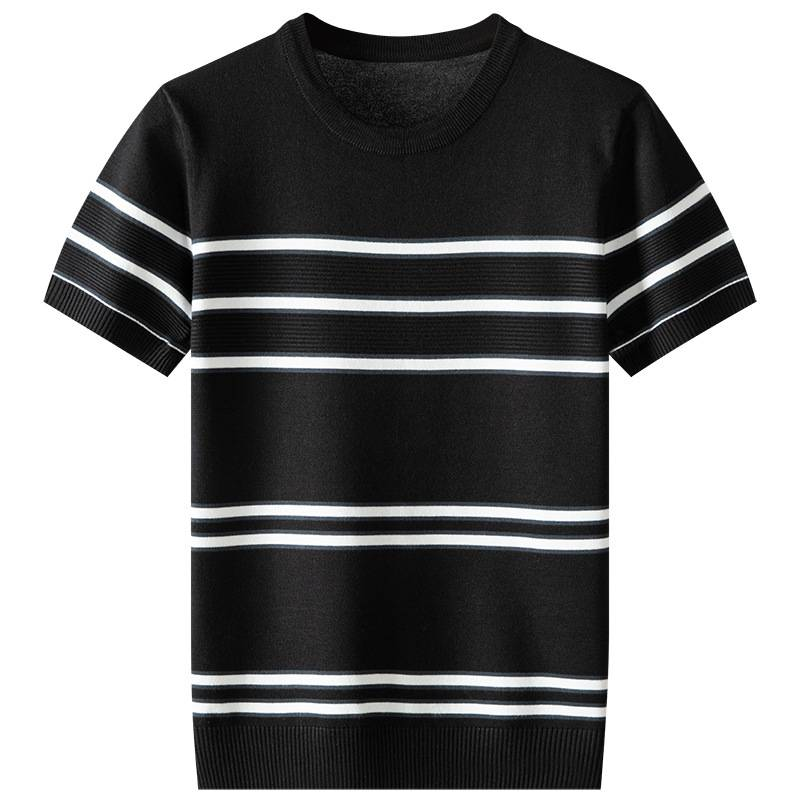 Vêtements pour hommes Style chaud tricoté hommes tout-match décontracté rayé col rond anti-boulochage manches courtes chaud mode pull_voghion.com