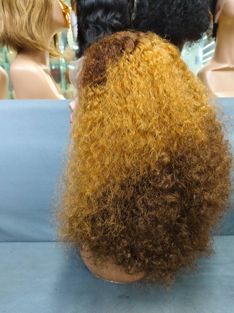 Afro Kinky Krøllete Parykk med Blonde Closure, Brunt, 20 tommer, Krøllete Parykker med Ekte Hår_voghion.com