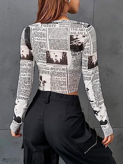 Sexy Print T Shirts Frauen O Hals Langarm Brief Gestellte T-shirt Tau Taille Schlank Kurze Basis Top Harajuku Zeitung Unterhemd_voghion.com