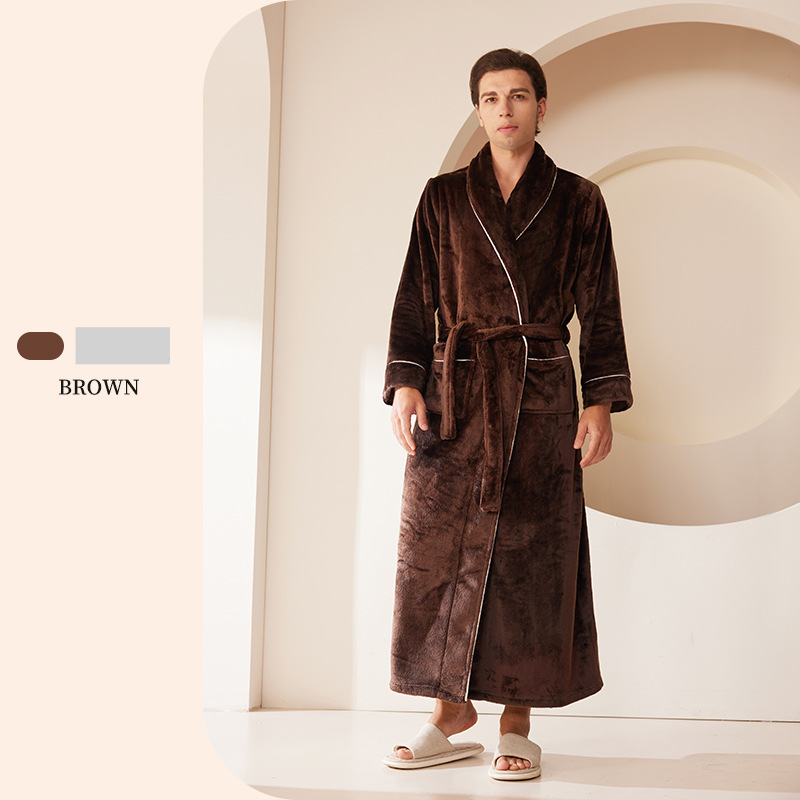End Of The Year Ins Flannel Robe Men's Simple Large Size Coral Fleece Couple Bathrobe Women Autumn And Winter Long Thick_voghion.com