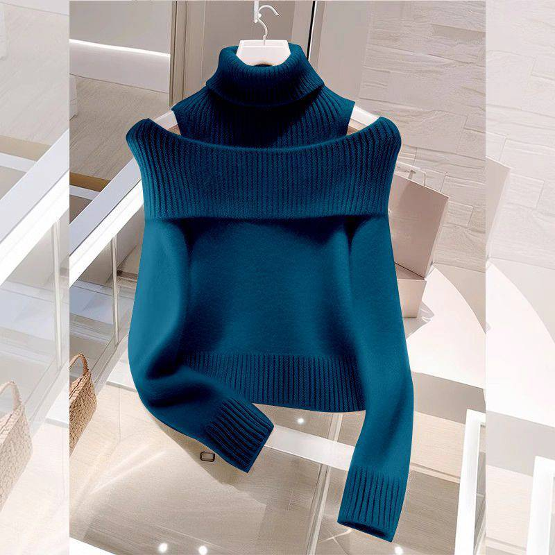 Roupas femininas Outono e inverno macio e de alta qualidade vinho tinto duas peças malha tops gola alta ombro a ombro suéter_voghion.com