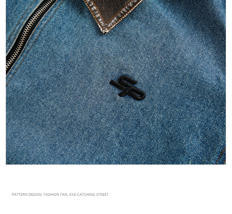 Vintage Blue Washed Denim Jacket For Men With PU Leather Collar - Detroit Style Workwear Coat_voghion.com