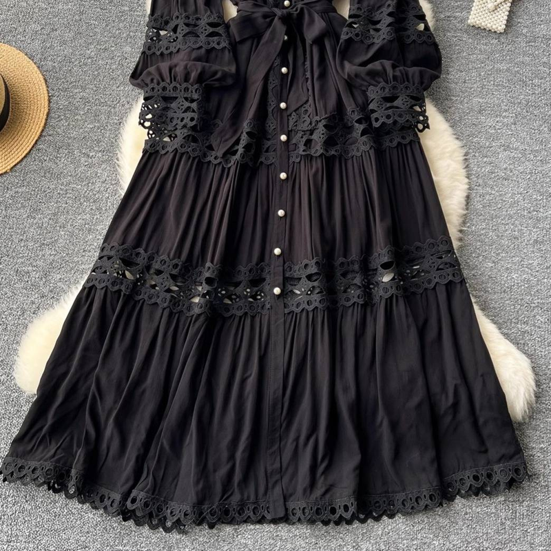 Opulent Baroque Lace Dress – High Neck Bell Sleeve Gown With Corset Waist & Dramatic A-Line Skirt (M/L, French Vintage Inspired, Formal Evening Wear)_voghion.com