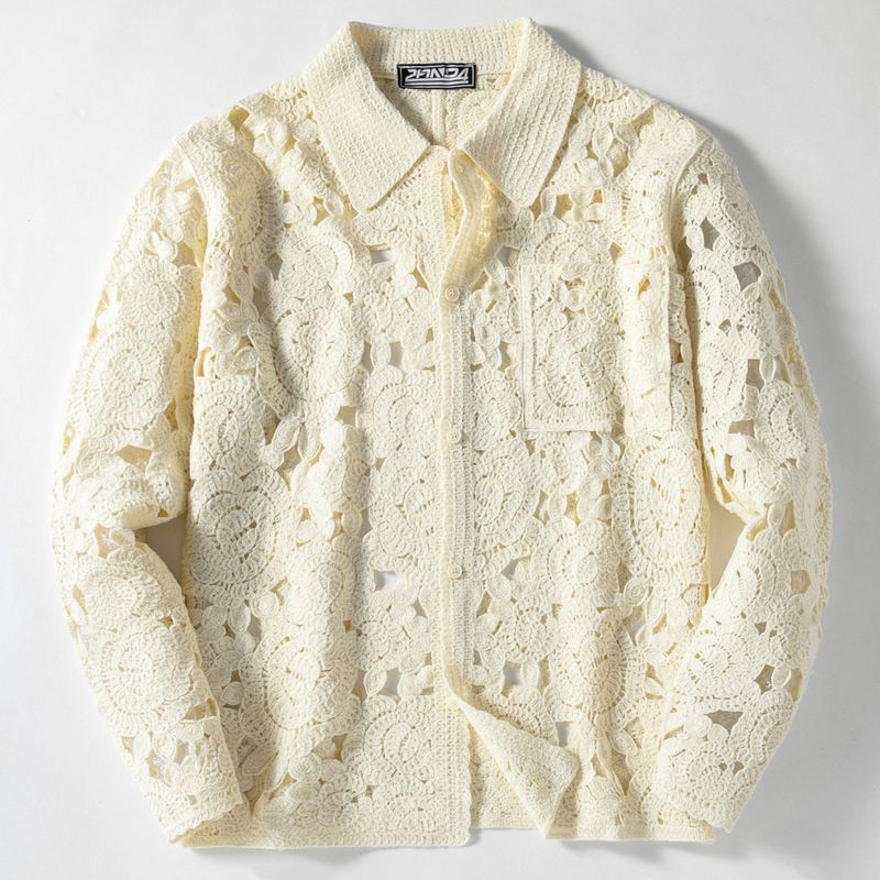 Men's Casual Openwork Knit Cardigan - Long Sleeve Lace Crochet Sweater For Spring & Fall (Sy0129, Apricot)_voghion.com
