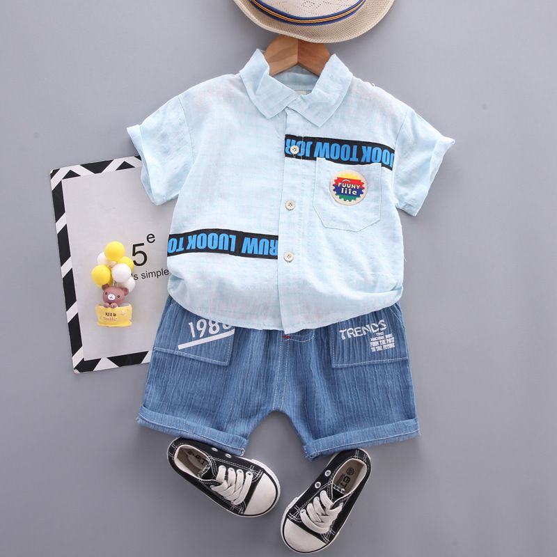 Children's thin men's lapel short sleeved summer casual children's single breasted shirt two-piece set_voghion.com