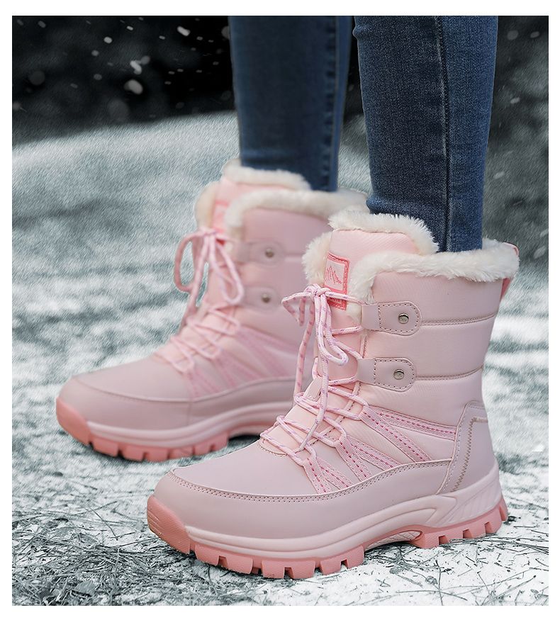 Winter-Schneestiefel Damen High Top Schnürstiefel Plüsch Warm Weich Einfarbig Freizeitschuhe Damen Anti-Rutsch Wanderschuhe Damen_voghion.com