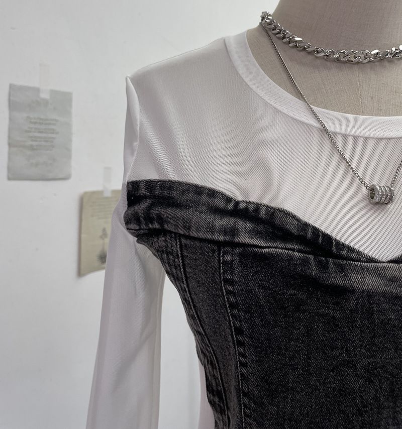 Damenbekleidung Mädchen Design Mesh Splicing Denim Top Langarm Bottoming Shirt Schlankes kurzes Nischen-T-Shirt_voghion.com