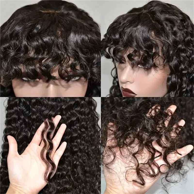 Glueless Water Wave Brazilian Human Hair Wig With Bangs Full Machine Made Wigs for Black Women Deep Wave Curly Wigs On Promotion_voghion.com