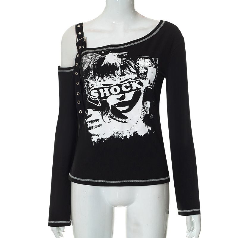 M22TP5482024 Haut imprimé Ceinture Boucle Sangle Épaule diagonale Un seul côté Manches 7/4 Vêtements pour femmes_voghion.com