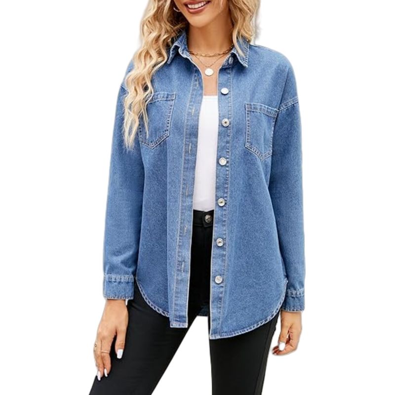 Vintage Wash Denim Shirt For Women – Relaxed Fit Long Sleeve Button-Up With Distressed Details (Dark Blue/Light Blue, S/M/L/XL)_voghion.com