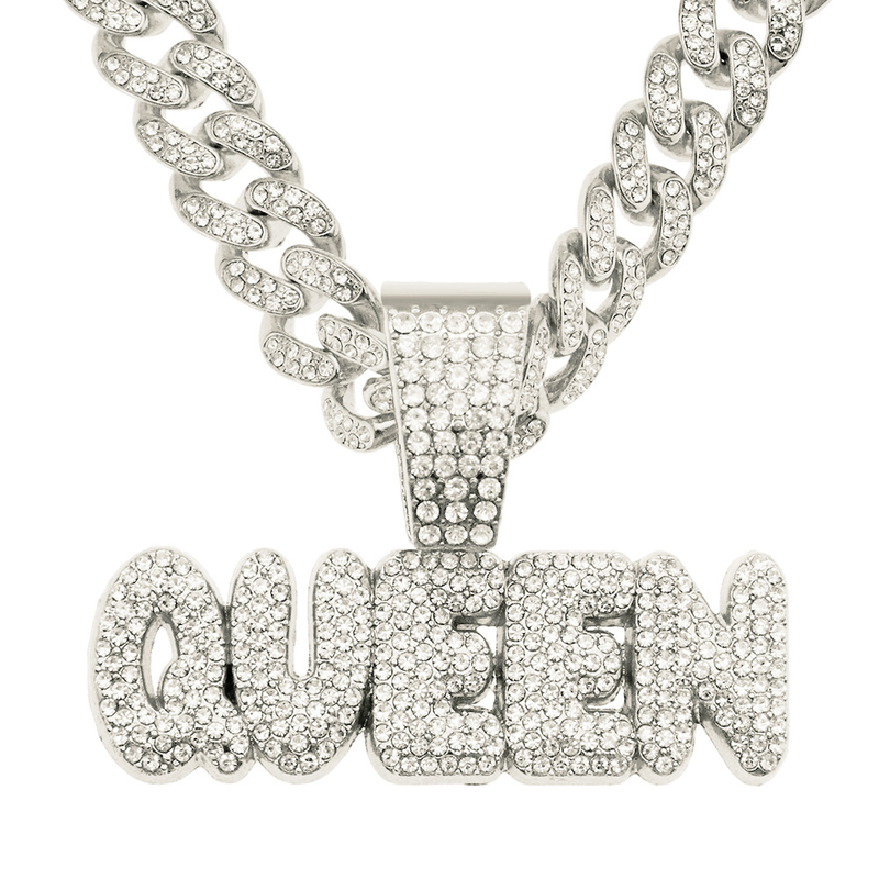 Colar com pingente de letra Queen, estilo Hip Hop, masculino, com corrente cubana Miami de 13 mm, colares com pingente de Hip Hop, joias da moda feminina_voghion.com