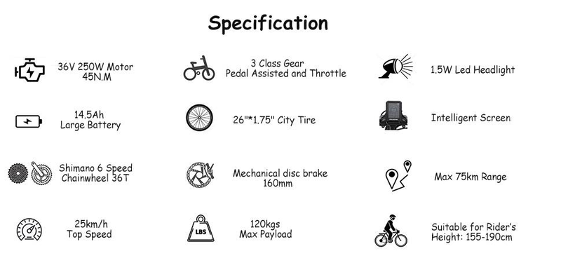 Vélo électrique TTGOEBIKE 26 pouces, vélo de ville, moteur arrière 250 W, batterie de remplacement 36 V 14,5 Ah, jusqu'à 75 km, vélo de ville électrique à entrée basse pour hommes et femmes adultes_voghion.com