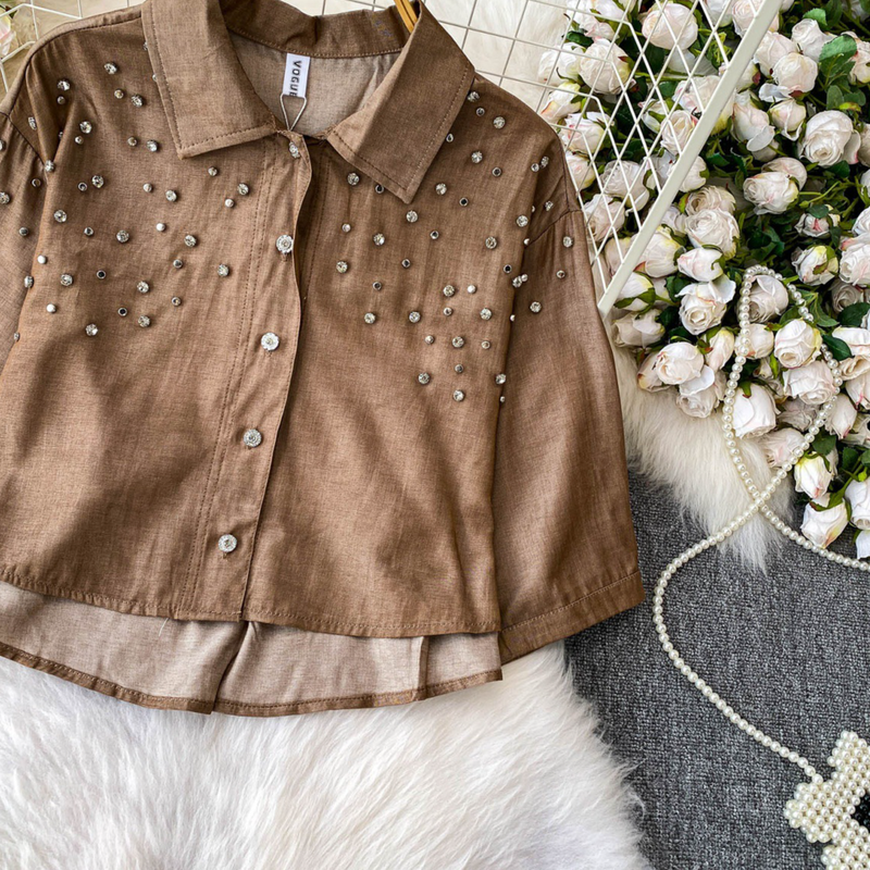 Luxe blouse met versieringen voor dames, statement revers, top met halflange mouwen, 8 levendige kleuren (zwart/groen/rood/meer) voor op kantoor en een avondje uit_voghion.com