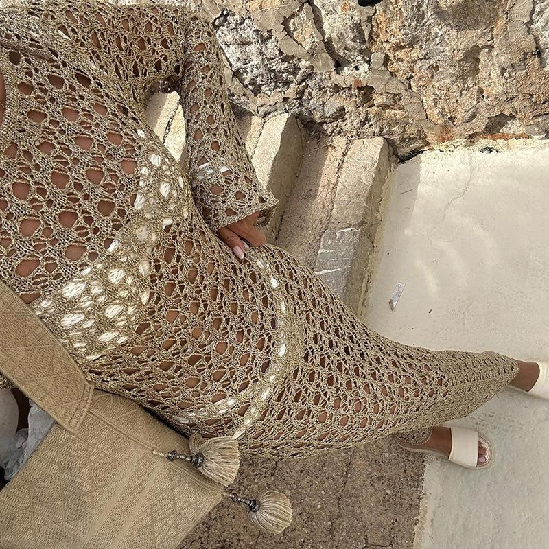 Copricostume da spiaggia sexy da donna in maglia con maniche lunghe, schiena scoperta e lacci - Copricostume da bagno boho chic per le vacanze estive_voghion.com