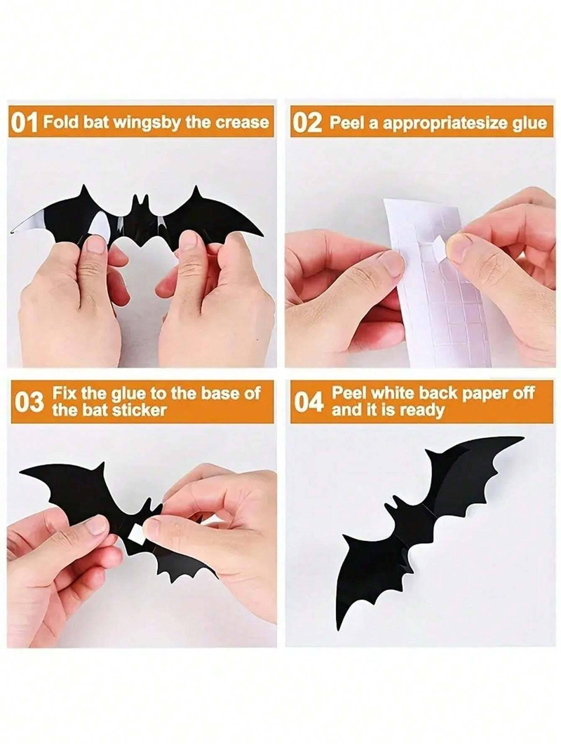 48Pcs/Set Halloween Wall Bat Decor, Black Plastic Bat Stickers For Halloween Room Decor,Waterproof 3D Realistic Bat For Halloween Party Decoration_voghion.com