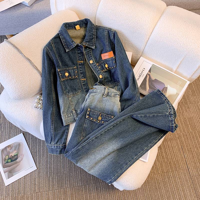 Women's Clothing Denim Jacket & Wide-Leg Pants Set - Stylish Two-Piece Outfit For Spring/Autumn, Flared Trousers With Short Jacket_voghion.com