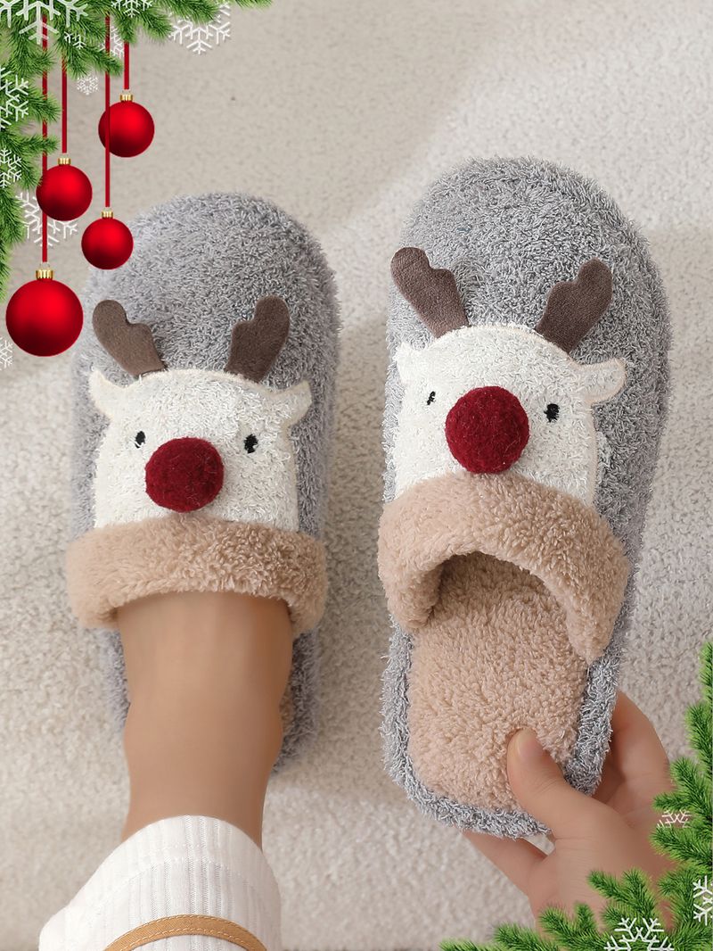 Süße Weihnachts-Rentier-Baumwoll-Hausschuhe für Frauen, Wintermode-Hausschuhe, rutschfeste Paar-Hausschuhe_voghion.com