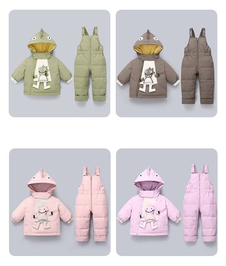 Set di piumini invernali premium per bambini - Tuta da neve calda in 2 pezzi per ragazzi e ragazze, morbido cappotto con cappuccio e bavaglino staccabile, imbottitura in piumino d'anatra bianca al 50%_voghion.com