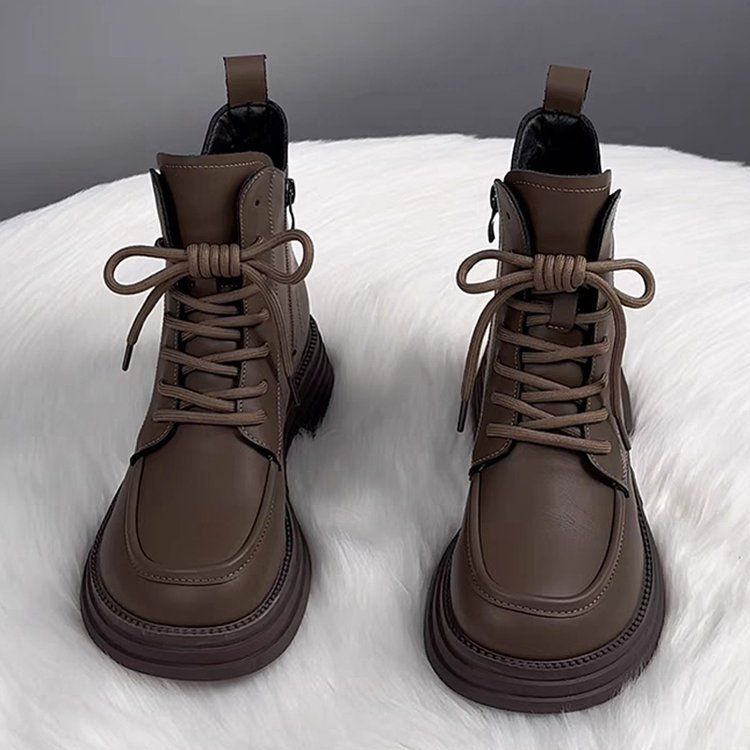 Soft Leather And Down-lined Marten Boots, Women's Cotton Boots, 2025 Autumn-winter New Style, Thick Sole, Warm And Cozy Short Boots_voghion.com