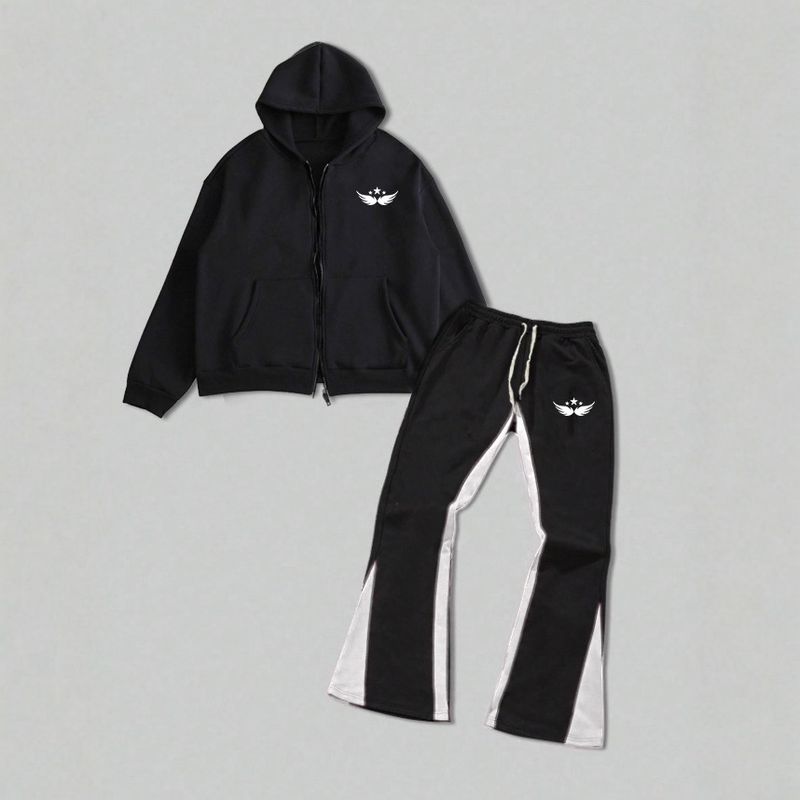 Men's Clothing Autumn And Winter Wing Print Casual Wing Print Zip-Up Hoodie And Jogger Pants Set, Casual Two-Piece Outfit For Fall/Winter, Black_voghion.com