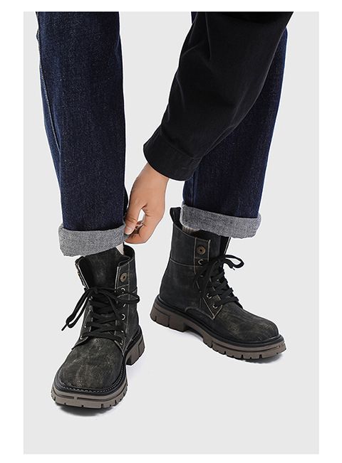 Men’s Shoes version sweet retro style thick heel round toe front lace up men's mid tube denim boots_voghion.com