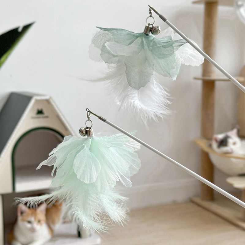 Flower blooming four seasons feather head cat teaser competition grade telescopic rod wooden handle bell feather replacement head cat toy_voghion.com