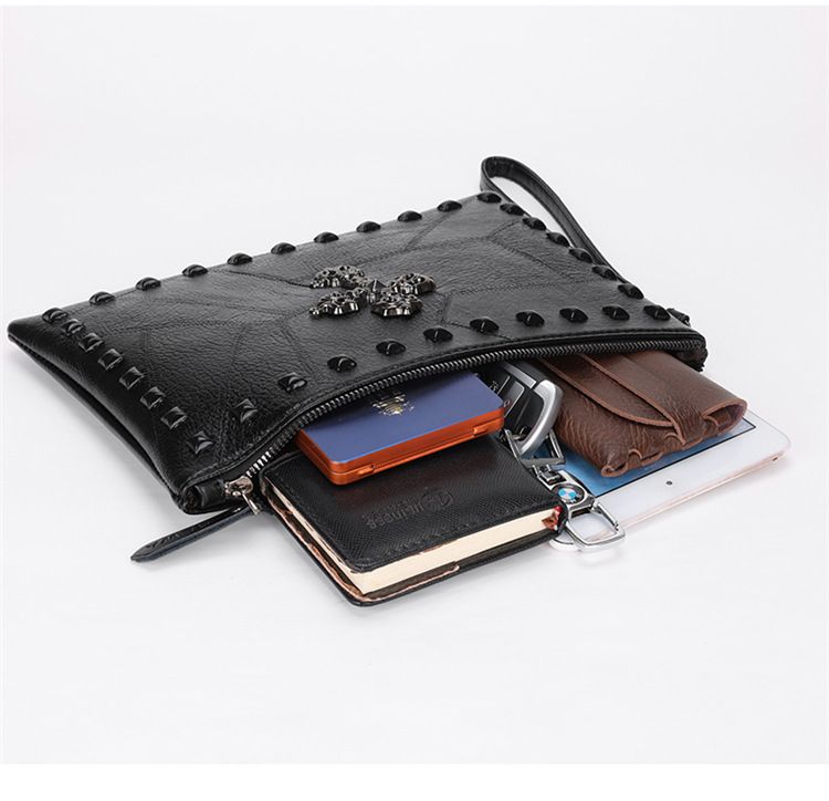 Men's Skull & Crossbones Studded Handbag – Vintage PU Leather Messenger Bag With Spikes, Large Capacity For Daily Essentials & 8-Inch Tablet_voghion.com