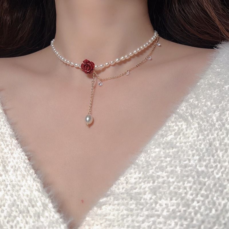 Rose blume zirkon perlenkette Koreanische nischen design ins stil halskette schlüsselbein kette temperament halskette für frauen_voghion.com