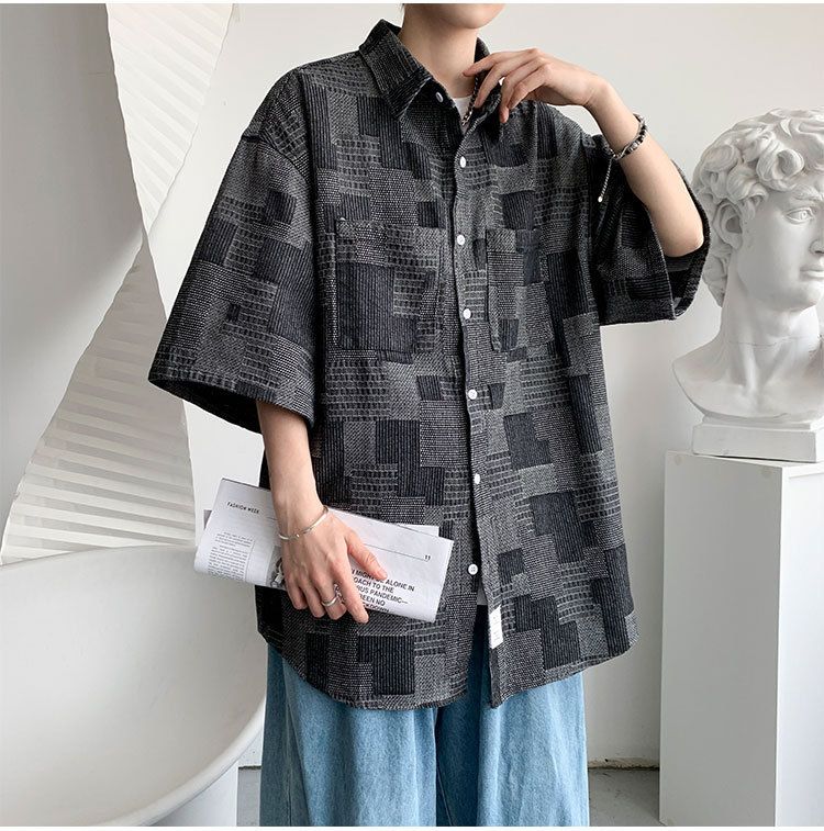 Camicia in denim a maniche corte a quadri estivi da uomo, alla moda, coordinata, alla moda, retrò, lavata._voghion.com