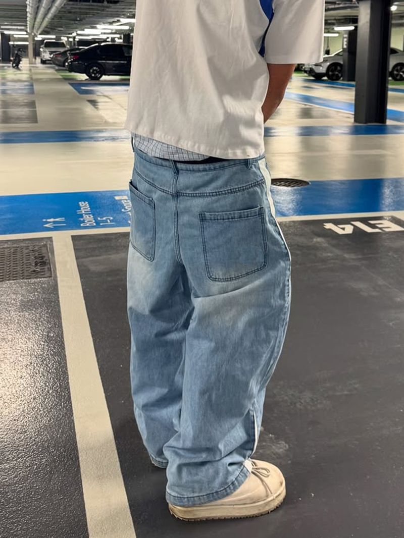 Men's Clothing New Style Splicing Spring And Summer Trend High Street Retro Washed Distressed Light Blue Slim Wide Leg Denim Men's Pants_voghion.com