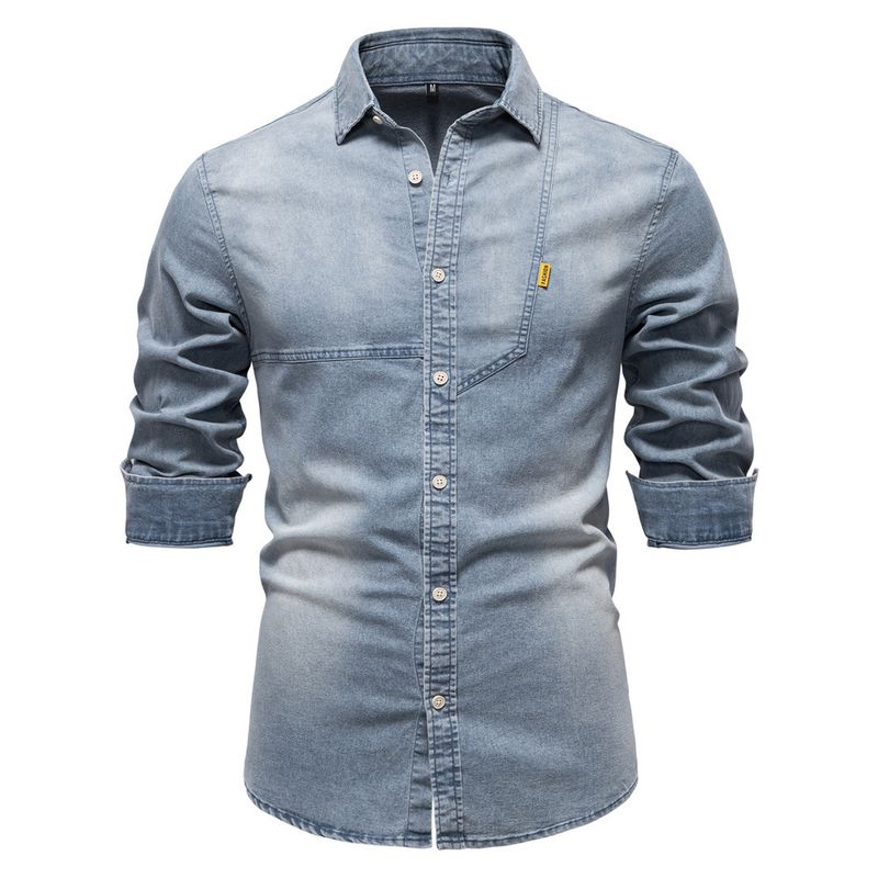Camicia in denim a maniche lunghe da uomo, casual, tinta unita, nuova collezione primavera 2025_voghion.com