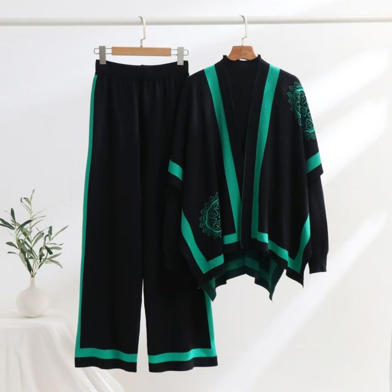 Dreiteiliges Damen-Set aus Modal-Strick – Oversized-Cape-Top & Weite Hose (Einheitsgröße, Geometrischer Print, Minimalistischer Chic)_voghion.com