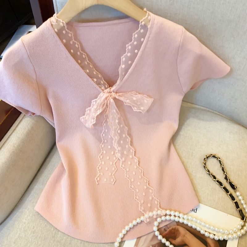 Maglietta a maniche corte in maglia con scollo a V, da donna, Real Shot_voghion.com