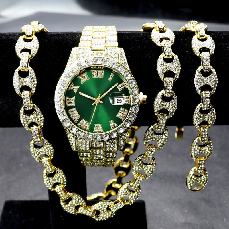 Full Diamond Hip Hop Watch Character Cuban Bracelet Necklace Set Roman Scale Calendar Quartz Watch_voghion.com