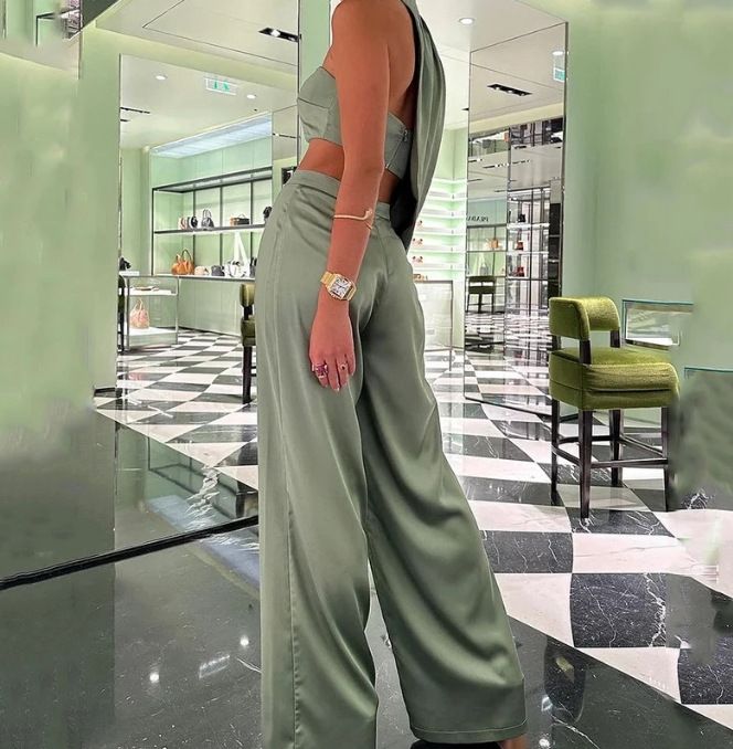 women's clothing elegant halter neck oblique shoulder tube top sexy navel-exposed wide-leg pants suit_voghion.com