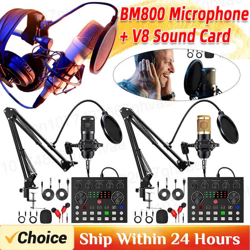 BM800 Microphone V8 Sound Card Podcast Equipment Bundle Metal Shock Mount Perfect for Phone PC DJ Podcasting Gaming_voghion.com