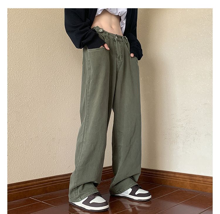 Hosen-Look Schlanke, übergroße Jeans in Militärgrün, gerade, lockere Hose mit weitem Bein für Herren im American High Street-Stil_voghion.com