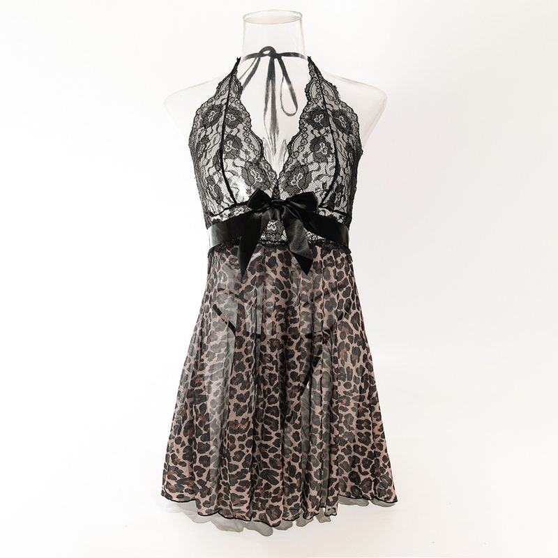 Set di perizoma e camicia da notte con papillon in rete con stampa leopardata, sexy e di alta qualità, di marca europea e americana._voghion.com